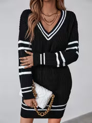 Autumn/Winter Women's Elegant Striped Color-Block Pullover Fabric Dress, Elegant Special Edition — view 4