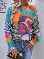 Women'S Solid Color Off-Shoulder Long Sleeve Loose Casual Elegant Gray Twisted Rope And Color-Block Heart Peach — view 1