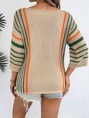 Spring Summer Casual Elegant Round Neck Color Block Stripe Pocket Pullover Woman Loose Hollow Out Tops — view 6