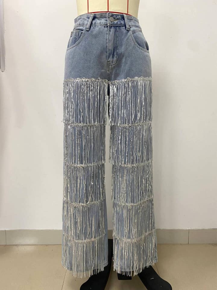 Trendy Tassel Wide-Leg Extra Long Jeans