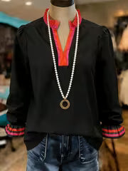 Women's Red And Rose Red Color-Blocked Ruffled Neckline Blouse, Ribbon Cuffs, Ruffled Cuffs, V-Neck Pullover — view 2