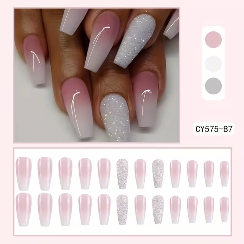 24 Pcs Glossy Long Coffin Press On Nails Gradient Pinkish And White French Style False Nails Glitter Reusable — view 11