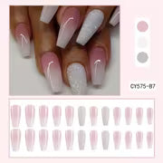 24 Pcs Glossy Long Coffin Press On Nails Gradient Pinkish And White French Style False Nails Glitter Reusable — view 2