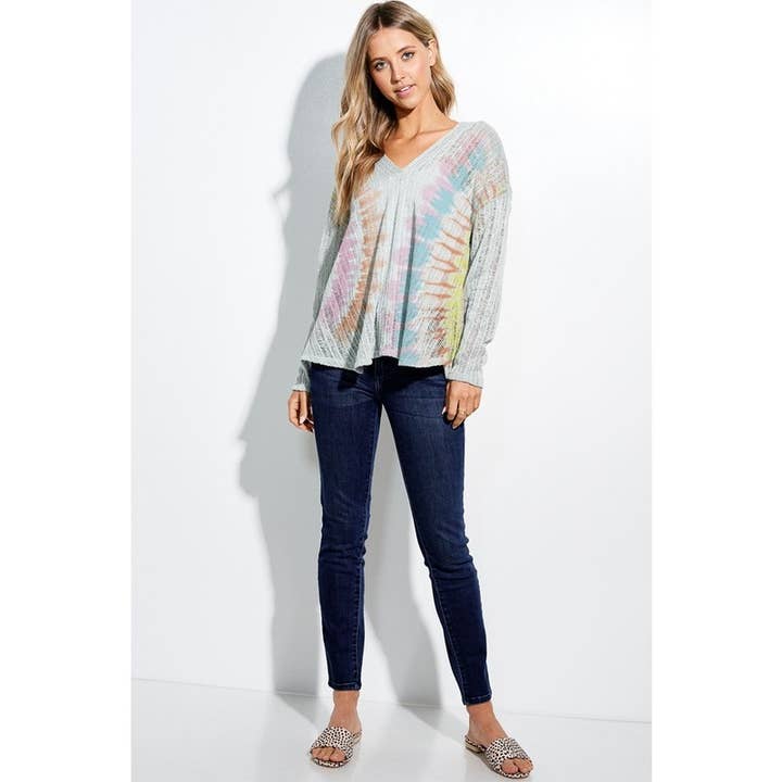Tie Dye Print Open Knit Hoodie Long Sleeve Sweater