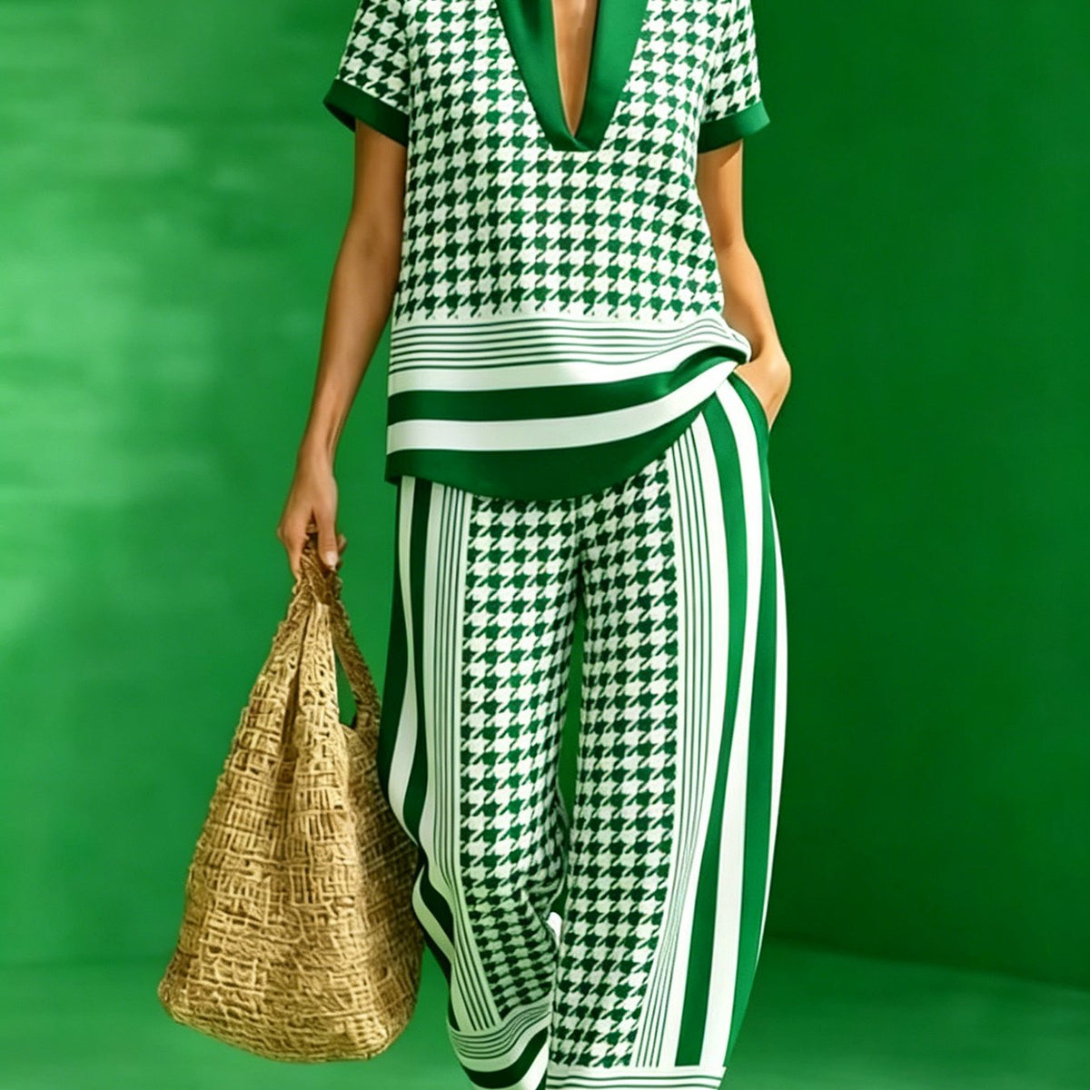 The Board Room Exit | Black & White Houndstooth V-Neck Top & Wide-Leg Pant Set — view 6 of 7