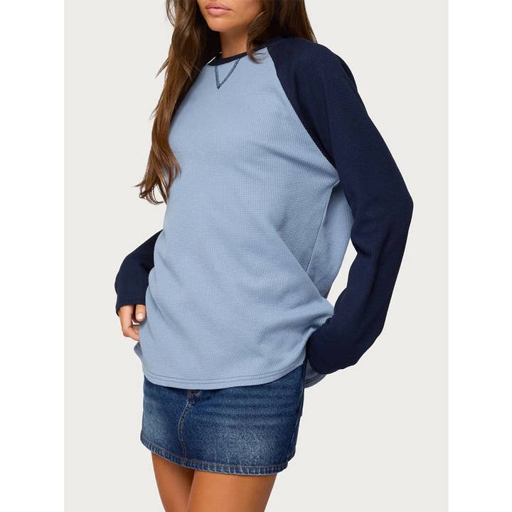 Color Block Crew Neck Long Sleeve Waffle Knit Top MD274