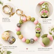 Garden Gnome Silicone Beaded Wristlet Keychain, Pink & Sage Green Floral Bead Key Ring, Car Key Holder and Bag — view 2