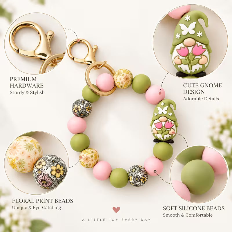 Garden Gnome Silicone Beaded Wristlet Keychain, Pink & Sage Green Floral Bead Key Ring, Car Key Holder and Bag — view 7