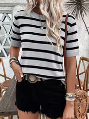 Women' Short Sleeve -Compatible Top - Round Neck Striped Stretch Suitable for Body Types, Casual & Office Wear — view 4