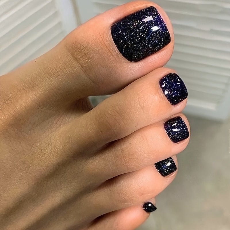 24pcs Deep Blue Starry Sky Square Press-On Nails • 1pc Adhesive Tape • 1 Nail File