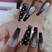 24pcs Christmas Matte Long Ballerina Fake Nails Black Silvery Glitter Rhinestone Xmas Press-On Nails — view 1