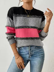 New Women'S Top, Women'S Elegant Color-Blocked, Dropped-Shoulder Sweater with Round Neckline — view 3