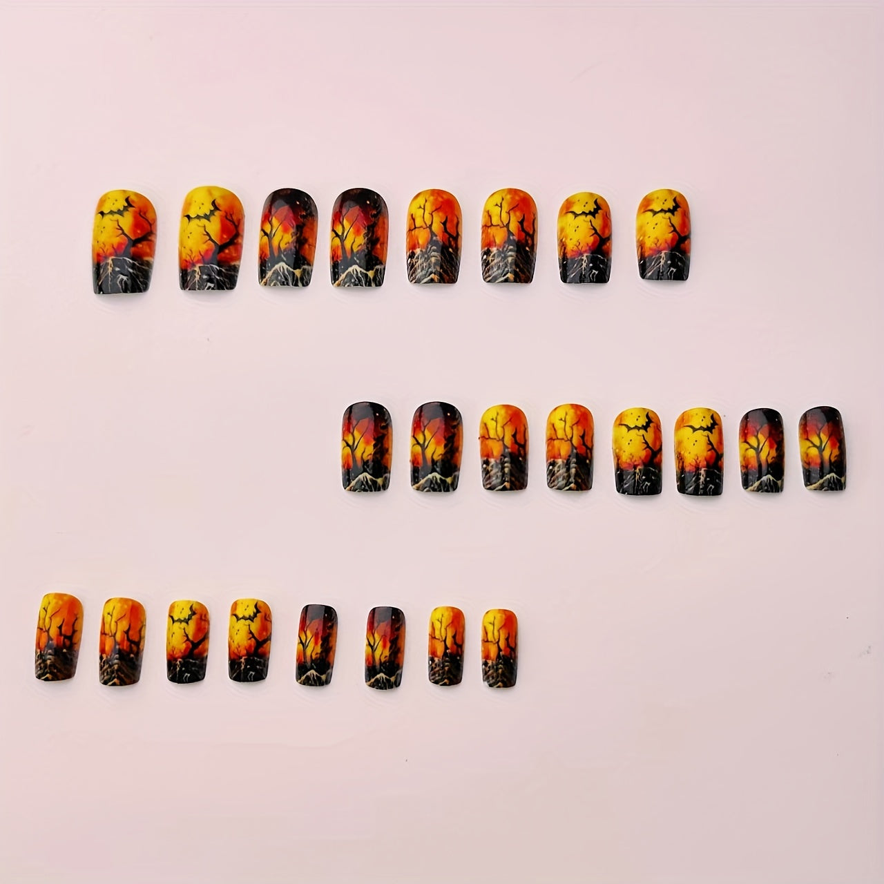 24pcs Halloween Press-On Nails - Black & Orange Tree Design with Bats, Moon & Snowflakes - Medium-Length Square Glossy Fake Nails for Halloween Parties, Reusable Detachable Nail Art, Halloween Decorations, Festive Party Accessories
