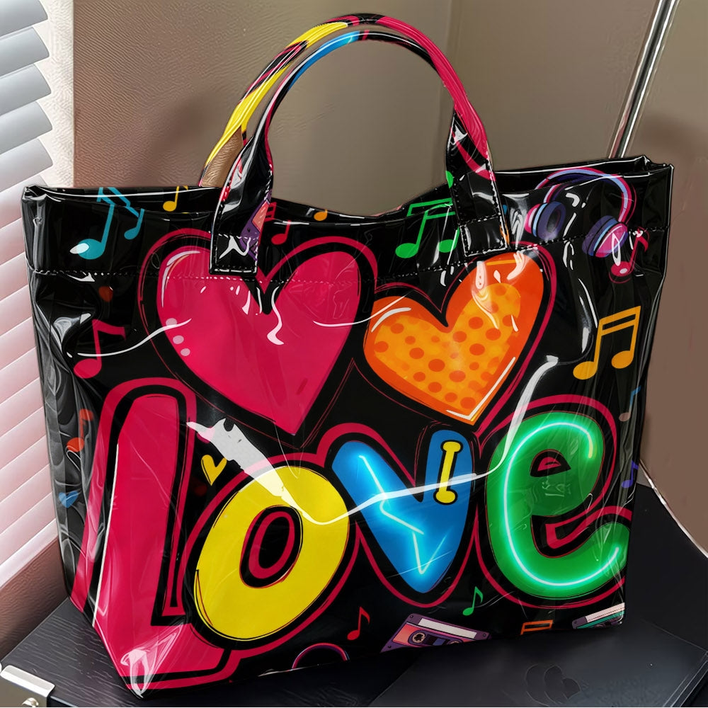 Retro 80s Neon Tote Bag Suitable for Work, Gym & Daily Use - PVC Music Note Print Shoulder Bag with LOVE Lettering, Spacious Multicolor Vintage Bag for Commuting, Casual Outfits, Halloween & Christmas Gifts, Adhesive Closure
