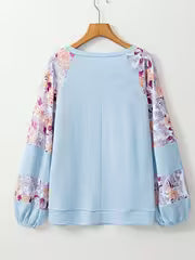 Boho Retro Cream Raglan Lantern Bubble Puff Sleeve Floral Sweater Shirt — view 4