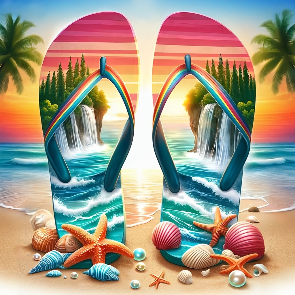 New Arrival! 5D Diamond Painting | A Pair of Flip-Flops Featuring a Full Seaside Landscape Print on The Straps | Full-Round Diamond Art Design | 2D Flat (Frameless) | Full-Drill Handcrafted Kit (Includes Complete Tool Set) | Art Decor | Cartoon Them
