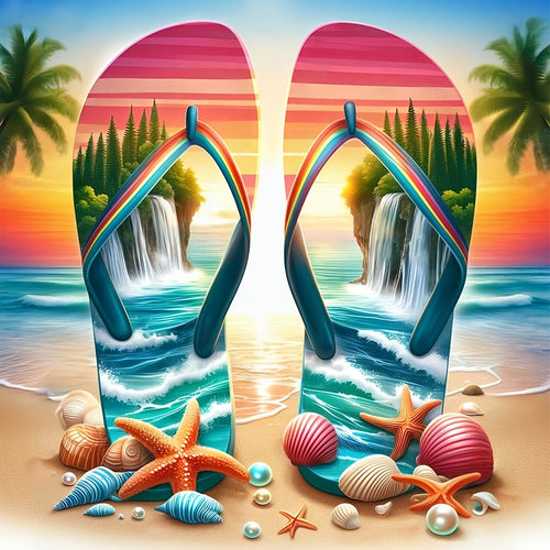 New Arrival! 5D Diamond Painting | A Pair of Flip-Flops Featuring a Full Seaside Landscape Print on The Straps | Full-Round Diamond Art Design | 2D Flat (Frameless) | Full-Drill Handcrafted Kit (Includes Complete Tool Set) | Art Decor | Cartoon Them