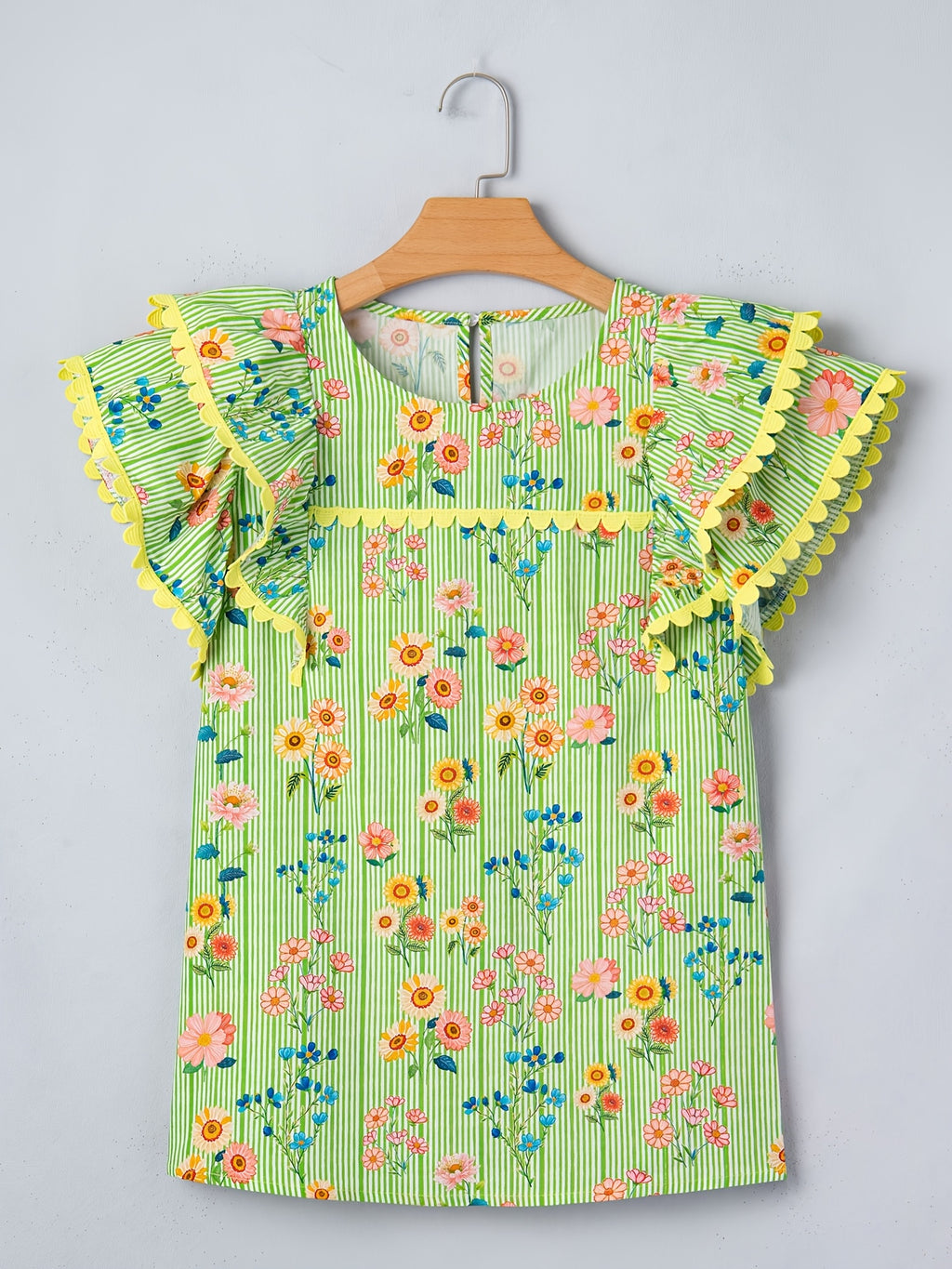 Green Stripe Floral Printed Scalloped Detail Ruffle Short Sleeve Blouse