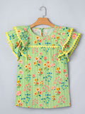 Green Stripe Floral Printed Scalloped Detail Ruffle Short Sleeve Blouse