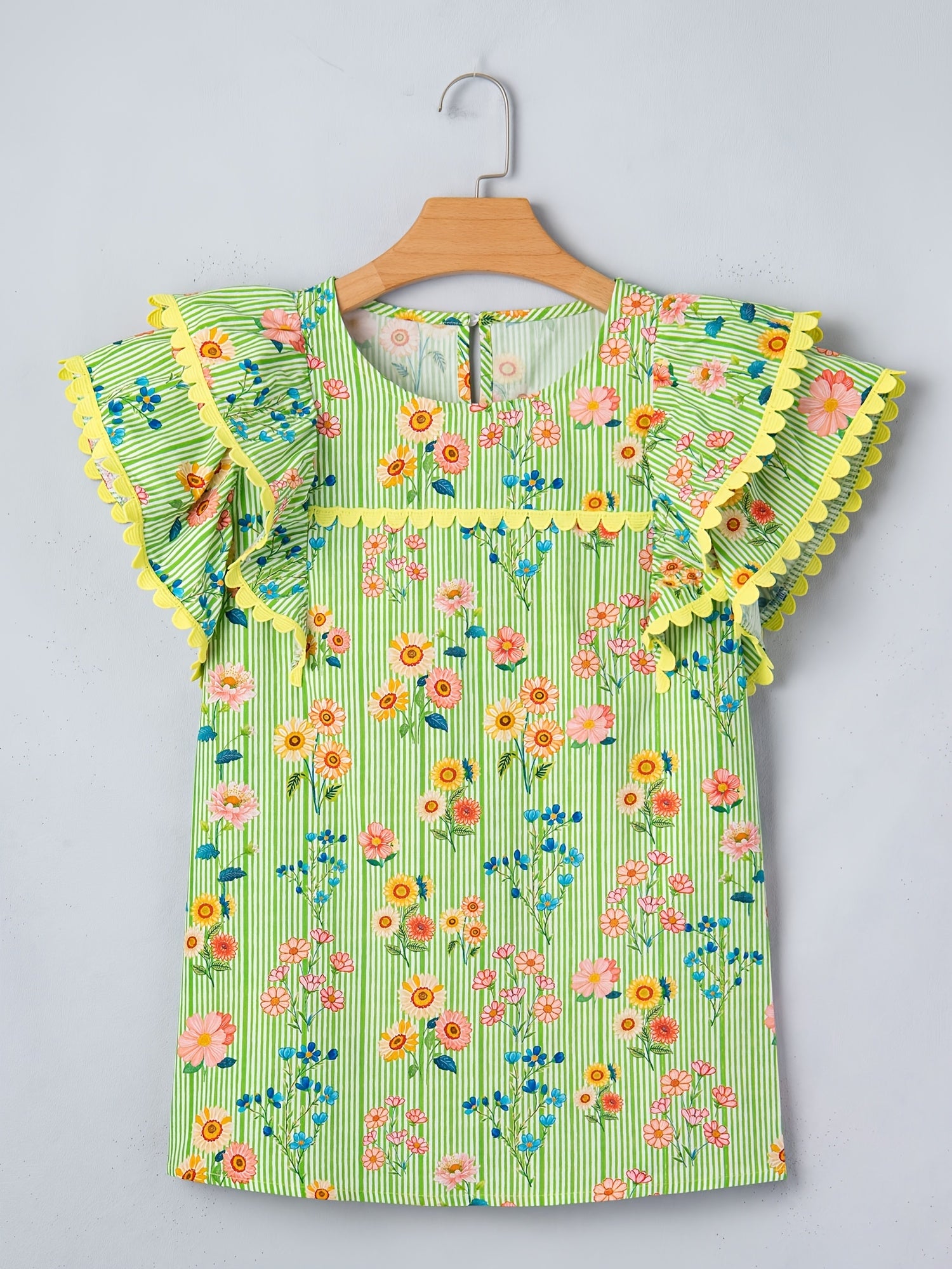 Green Stripe Floral Printed Scalloped Detail Ruffle Short Sleeve Blouse