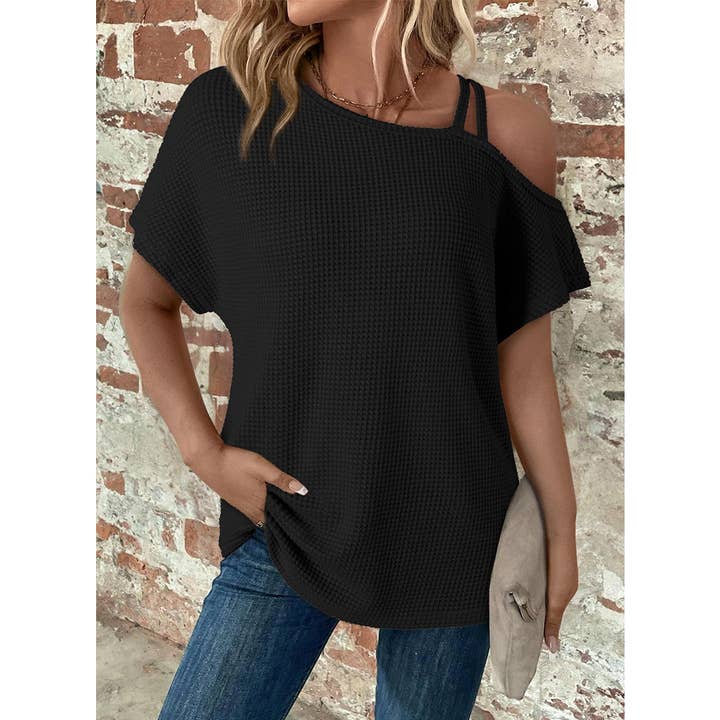 Short Sleeve Color Versatile Off-Shoulder Knit Top AXY048
