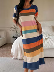 [Women's Nightgown Dress] New Spring/Summer Women's Striped Short-Sleeve Nightgown - Long Loose Comfortable Home — view 4