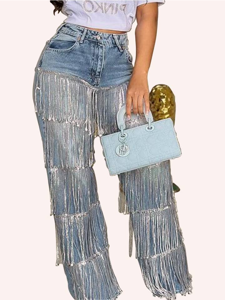 Trendy Tassel Wide-Leg Extra Long Jeans