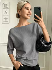 Women'S Elegant Off-Shoulder Solid Batwing Short-Sleeve Sweater, Soft Half-Sleeve Top for Daily Casual And Party — view 11