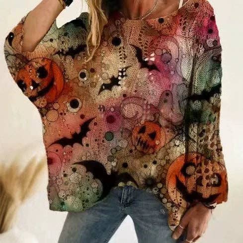 Off Shoulder Crochet Halloween Pumpkin Bat Sweater — view 4