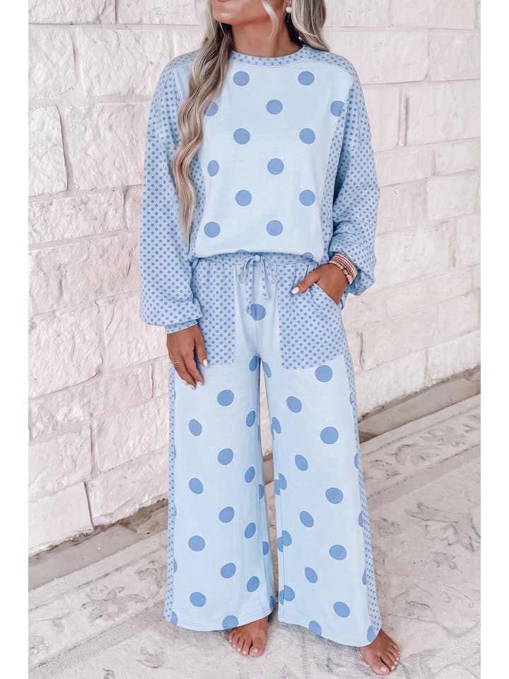 Polka Dot Contrast Patchwok Long Sleeve Pants Set — view 2