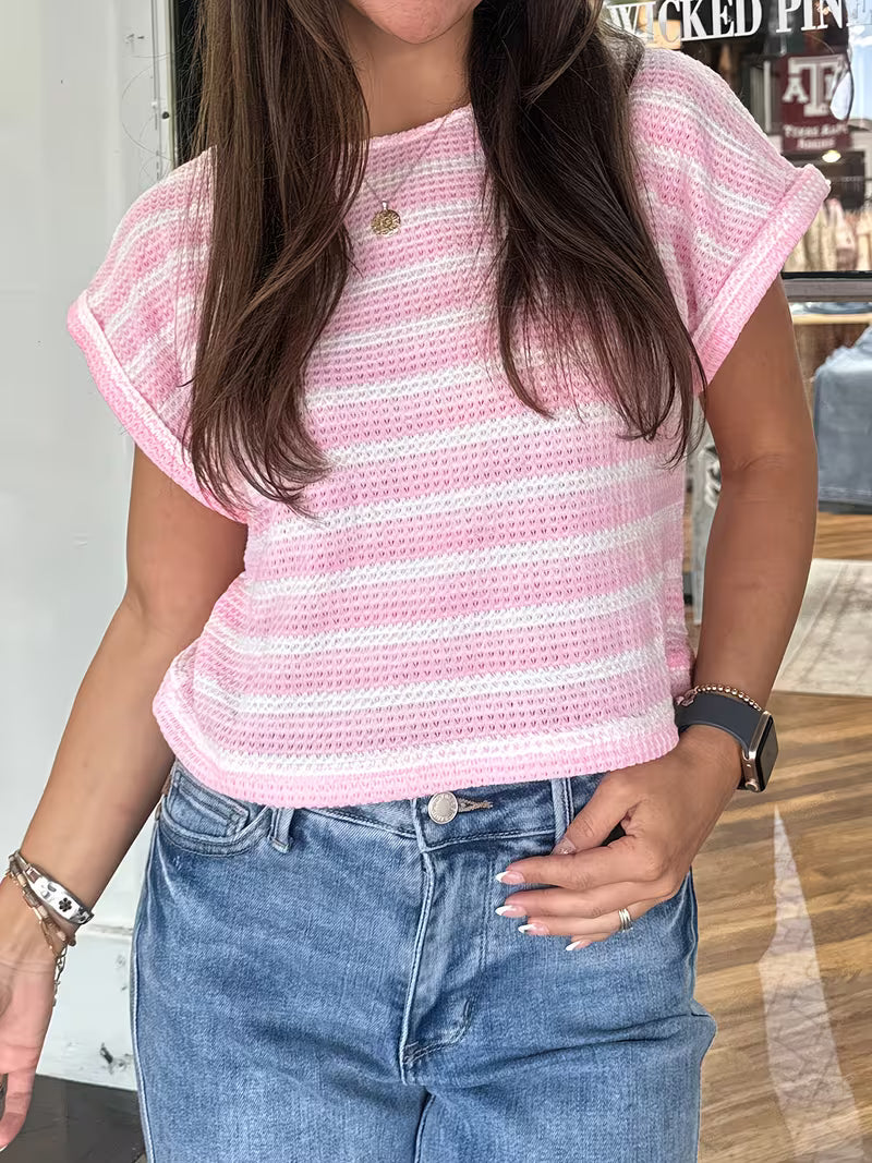 Pink Striped Print Waffle Top