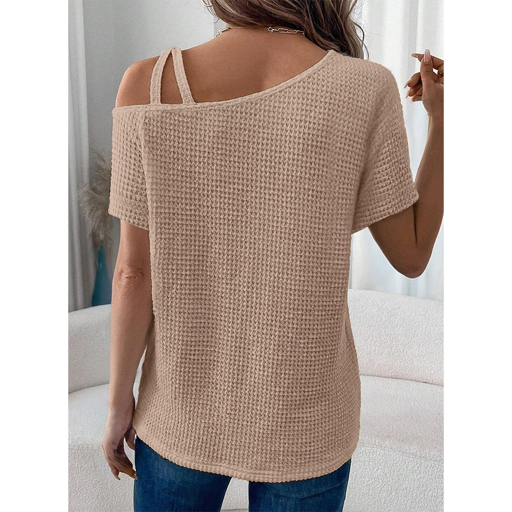 Short Sleeve Color Versatile Off-Shoulder Knit Top AXY048