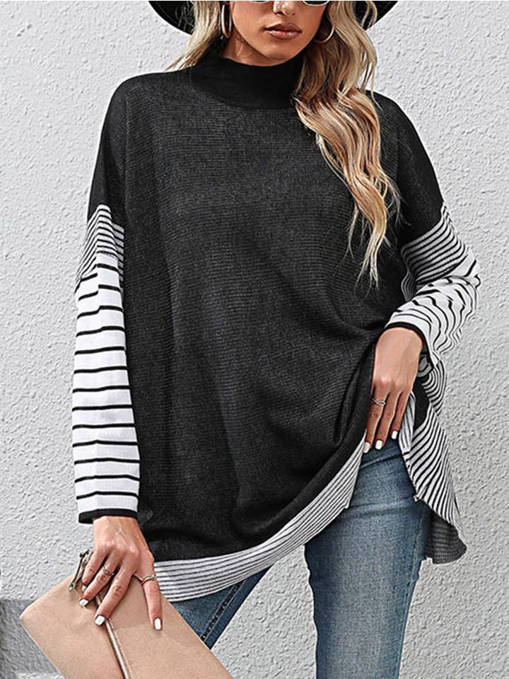 Striped Patchwork Semi High Neck Loose Sweater