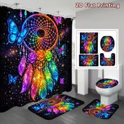 2D Flat, 2D Flat 4pcs Rainbow Dream Catcher Shower Curtain Set, Luminous Colorful Butterfly Rose Galaxy Bathroom — view 2