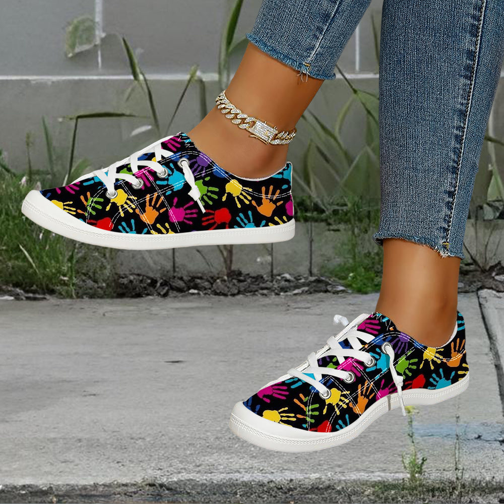 Women's Sports Casual Shoes, Colorful Handprint Print, Lace-Up Thick Sole, Non-Slip Soft Bottom, Fashionable Versatile, Breathable Lightweight Slip-On Plus Size Women's Shoes, Women Shoes, Sneakers