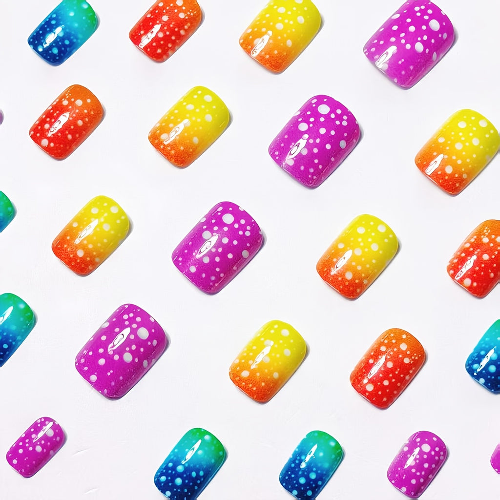 24pcs of Short Rainbow Gradient Polka Dot Press-On Nails