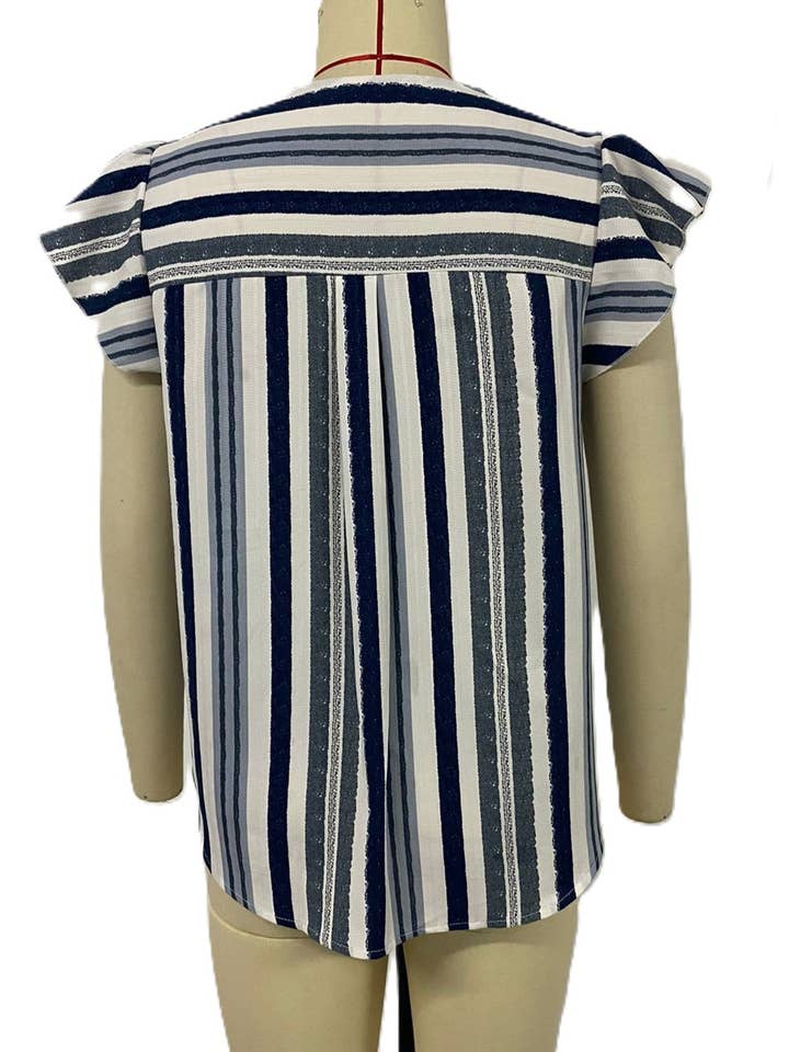 Elegant V-Neck Ruffled Slouchy Striped Blouse