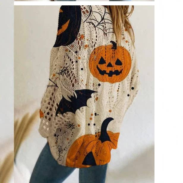 Off Shoulder Crochet Halloween Pumpkin Bat Sweater — view 3