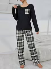 Autumn and Winter Chest Plaid Pocket Long Sleeve Top and Plaid Pants Pajama 2pcs Set — view 6
