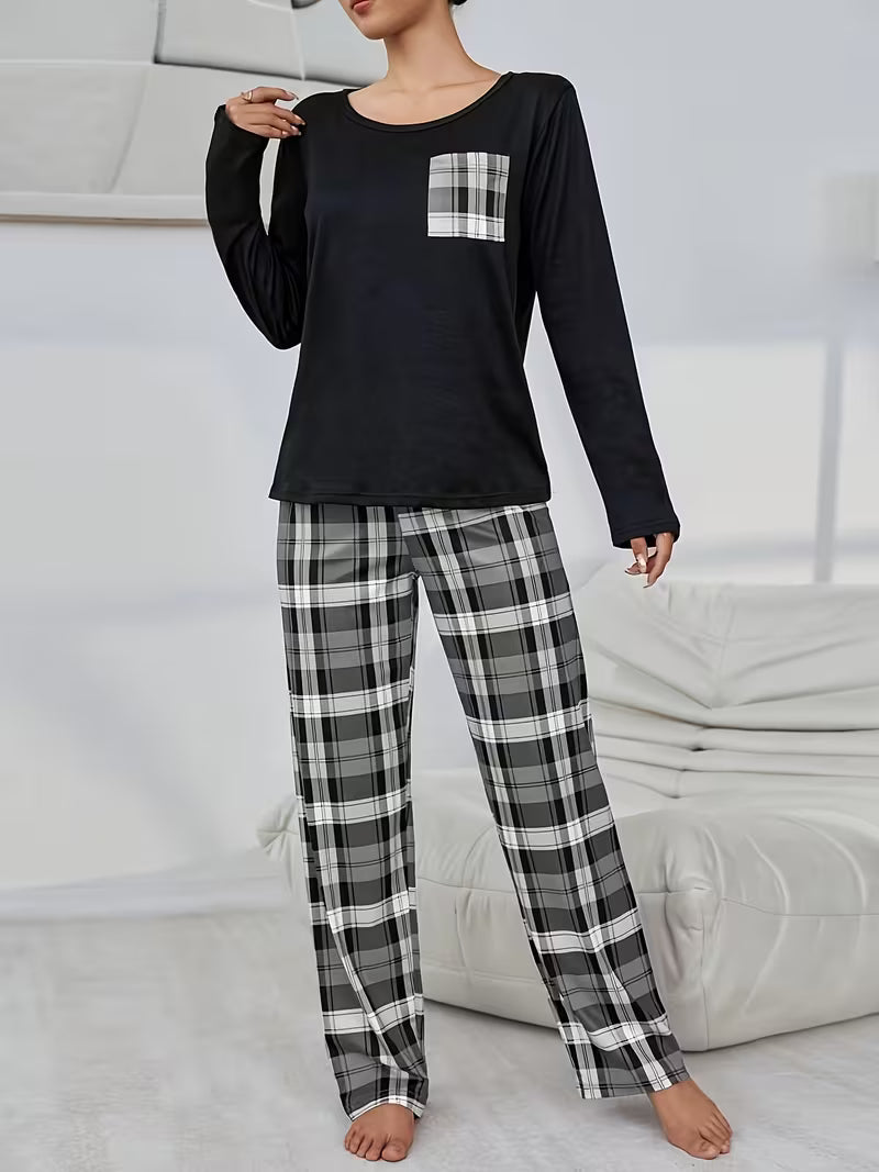 Autumn and Winter Chest Plaid Pocket Long Sleeve Top and Plaid Pants Pajama 2pcs Set — view 7