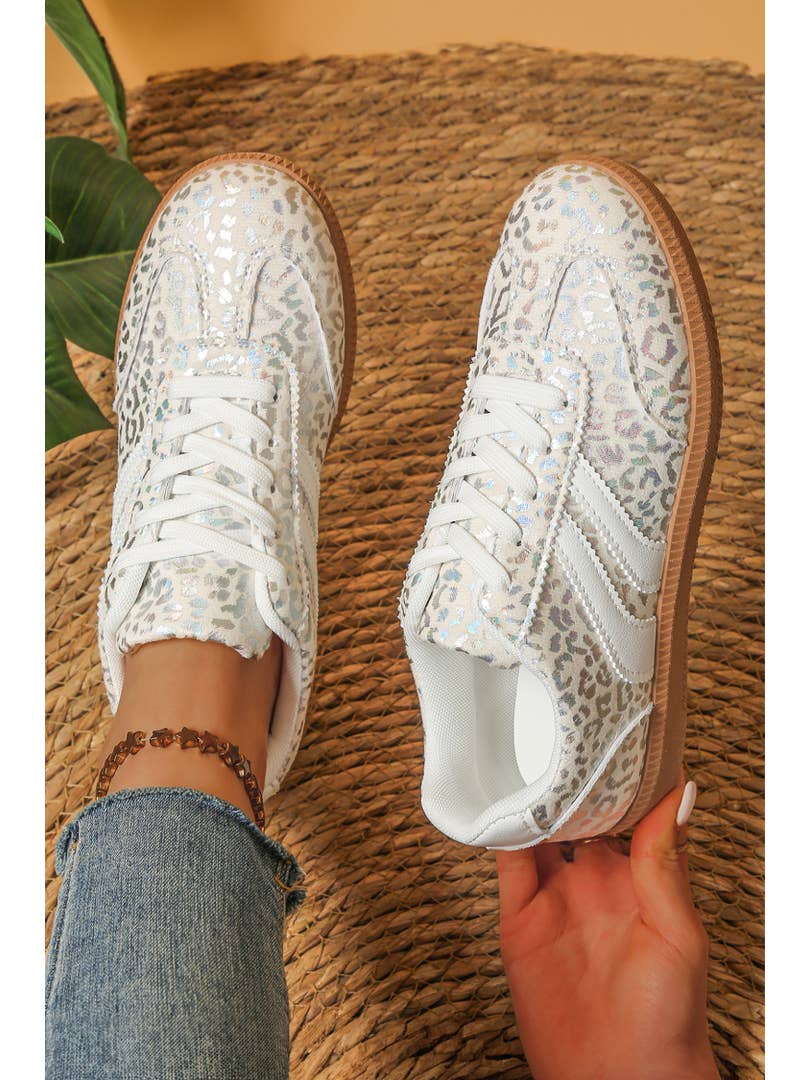 Ldc Leather Detail Shimmer Leopard Printed Lace-Up Sneakers