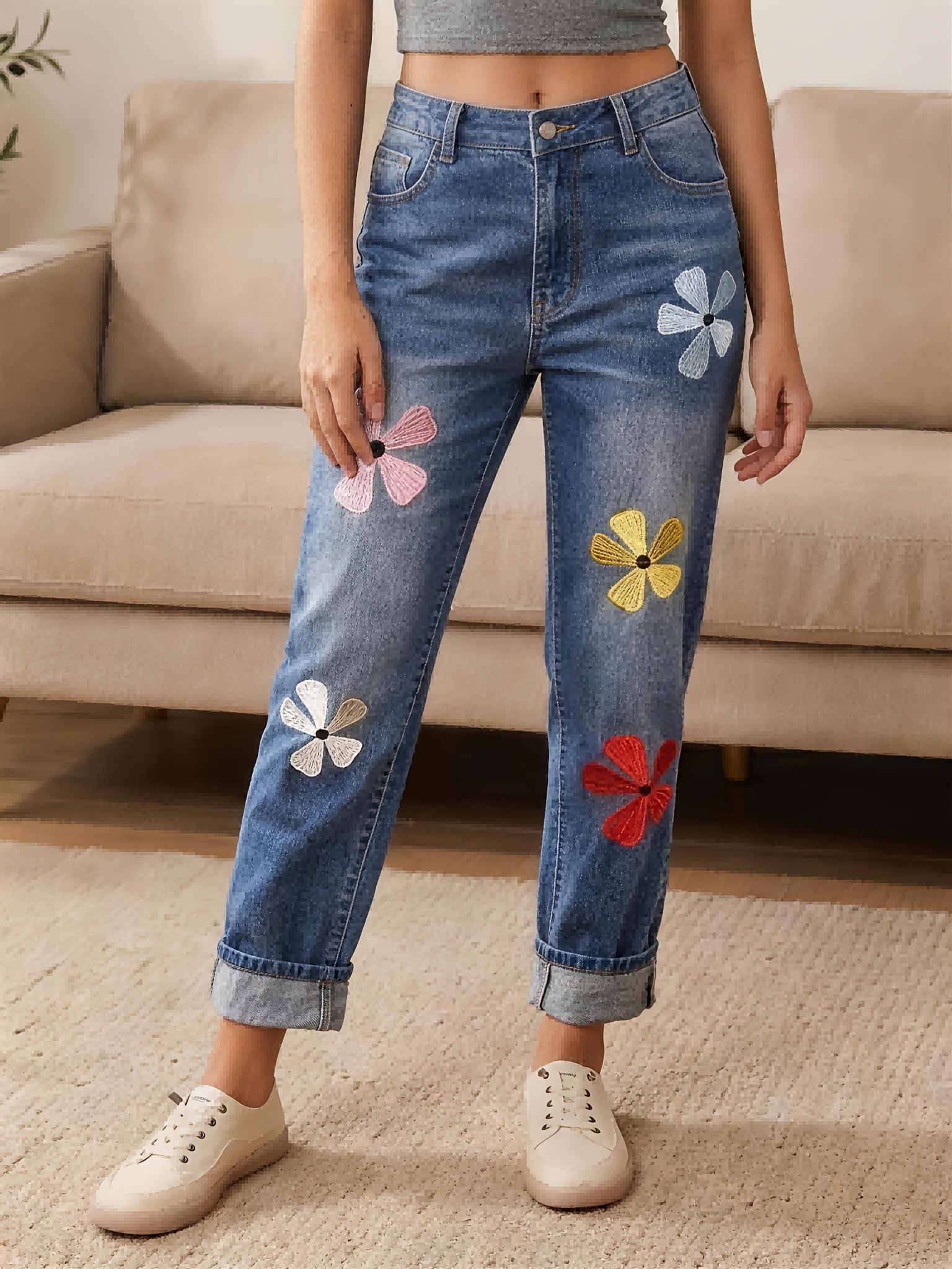 Floral Rolled-up Hem Denim Cropped Carrot Pants, Tapered Shape with Rolled Hem, Women's Elastic Side Panels