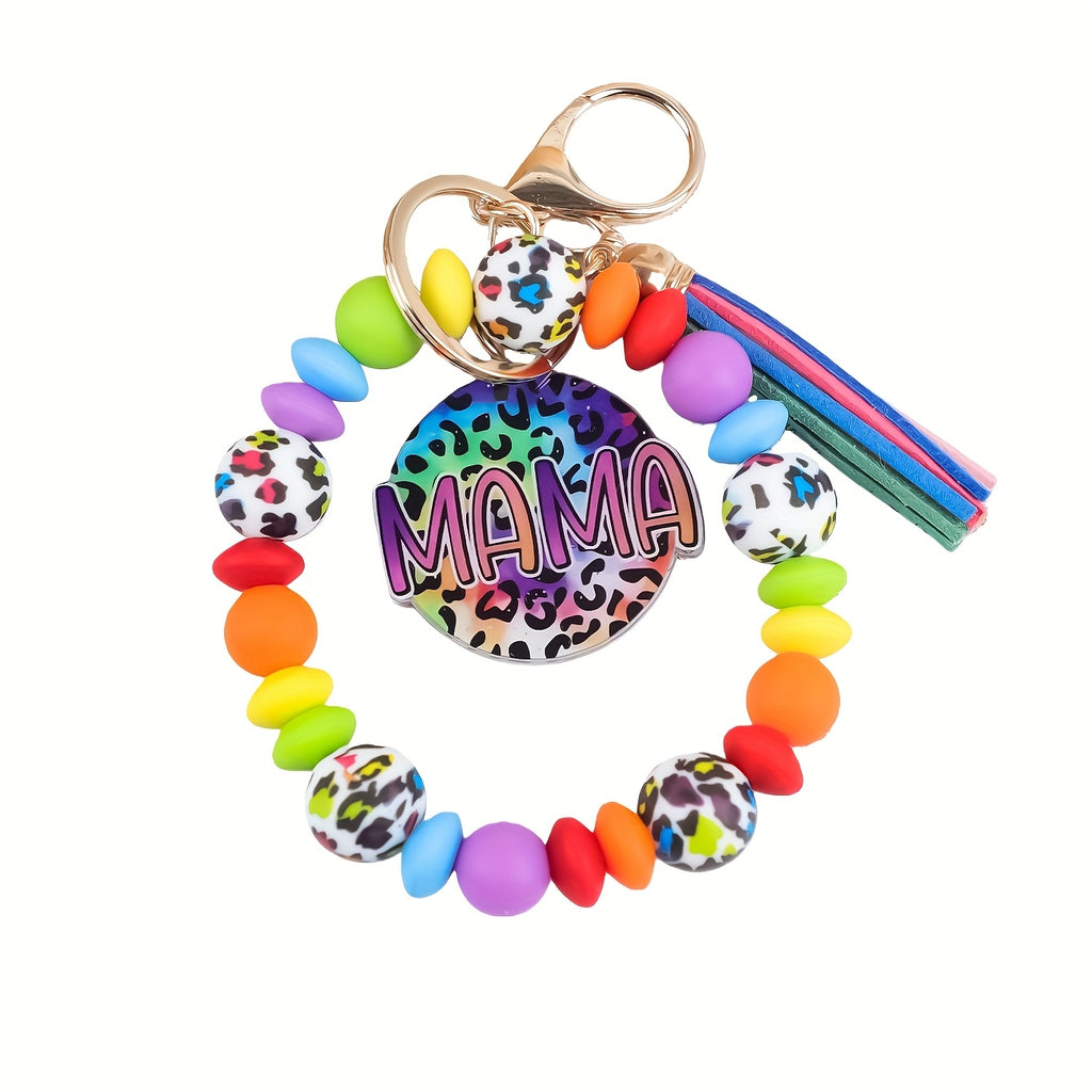 Rainbow Leopard Print "MAMA" Beaded Keychain with Colorful Tassel Pendant