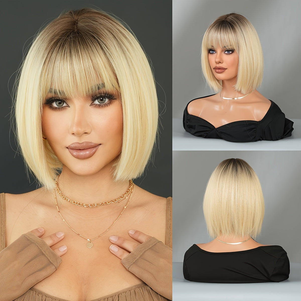 Women's Looking Short Straight Golden Bob Wig with Dark Root - High-Density Heat-Resistant Synthetic Hair Suitable for Daily Use, Parties, Braids & Extensions, Elastic for Skin Tones & Hair Types