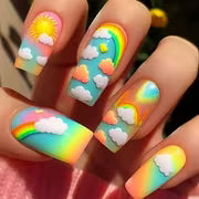24pcs Set Macaron Rainbow Cloud Sunshine Decorated Long Nails, Sweet Whimsical Dreamy Girly Style Daily Wear — view 1