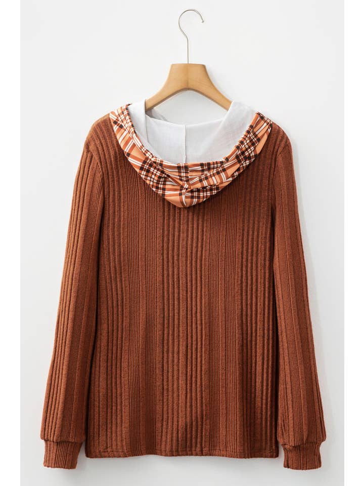 The Grand Hideaway | Plaid Patchwork Ribbed Knit Drawstring Hooded Top — view 3 of 4