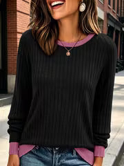Women's Color Blocked Pit Stripe Round Neck Long Sleeved Contrasting Pullover Casual Loose And Winter Top L XXL — view 4