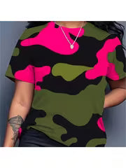 Oversized Women'S T-Shirt Featuring a 3D Camouflage Print in Pink, Green, Black, And White. This Casual Yet — view 3