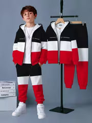 Boys' Hooded Zip-up Set, Color-block Long-sleeve Top and Jogger Pants, 2pcs Fashion Casual Daily Wear Children's — view 2