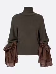 Women'S Elegant Fashion High-Neck Long Sleeve Sweater with Sheer Ruffled Cuffs — view 5